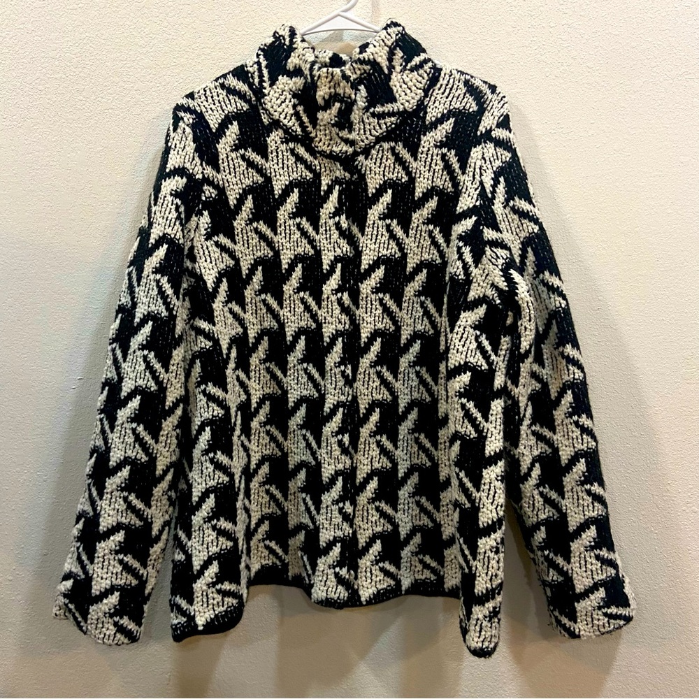 Chicos Houndstooth Wool‎ Blend Knit Sweater Jacket Black White Size 3